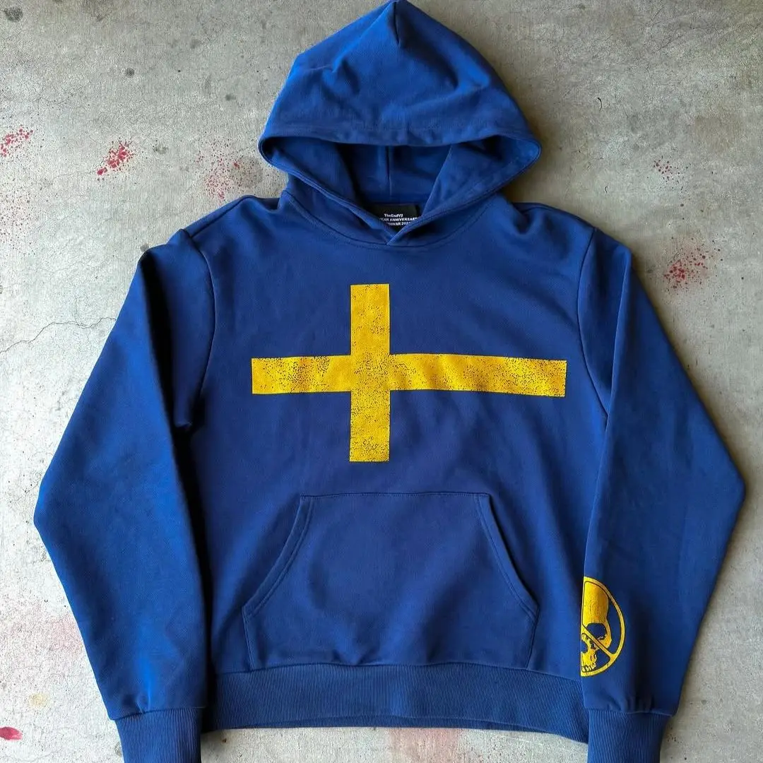 

Klein Blue Hoodie American Harajuku Trend Faion Text Print Stand Fit ex Hooded Sweatirt for Ladies And Students