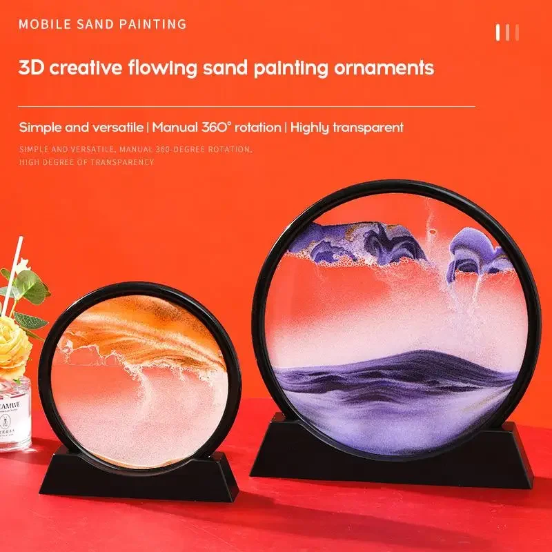 Moving Sand Art Picture Round Glass Hourglass Deep Sea Sandscape Flowing Sand Frame 7/12inch Home Decor Display