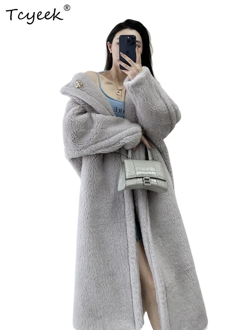 Tcyeek Alpaca Wool Blend Silk Coat Long Length Women Clothes Oversized Ladies Clothing Fashion Winter Fur Coats Одежда Женская