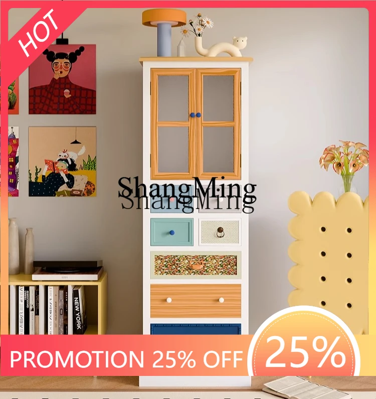 

ZYY exquisite advanced solid wood pastoral painted high cabinet living room corner multi-functional Mediterranean glass cabinet