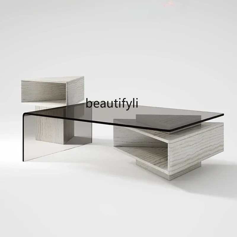 

xx1Marble coffee table Italian style, small apartment living room glass creative rectangular telescopic