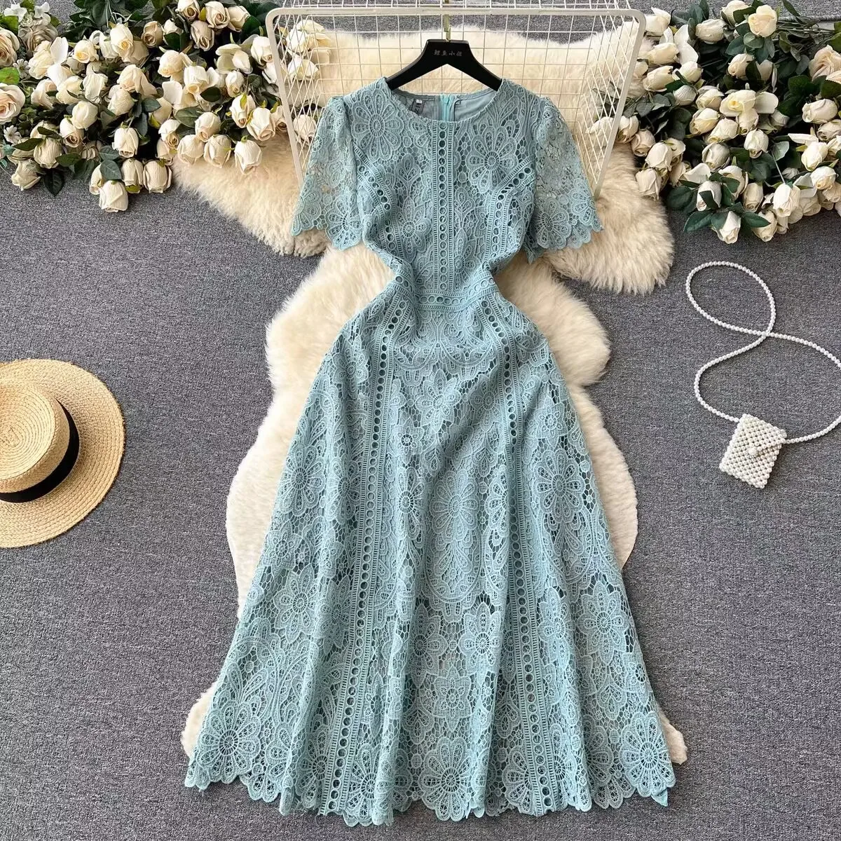 

Fashion Elegant Lace Long Dress Women Vintage Short Sleeve Hollow Out Embroidery Dress Party Vestidos