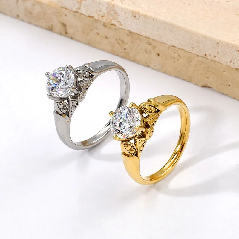 

Women's Classic Fashion OL Engagement Titanium Steel Ring, 4-Claw Shining AAA Zircon Cast, Euro Cross-Border Hot-Selling Jewelry