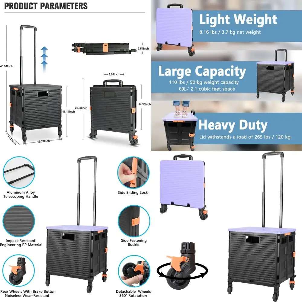 

Складная портативная тележка с телескопической ручкой и 4 поворотными колесами для покупок, путешествий и офисного использования