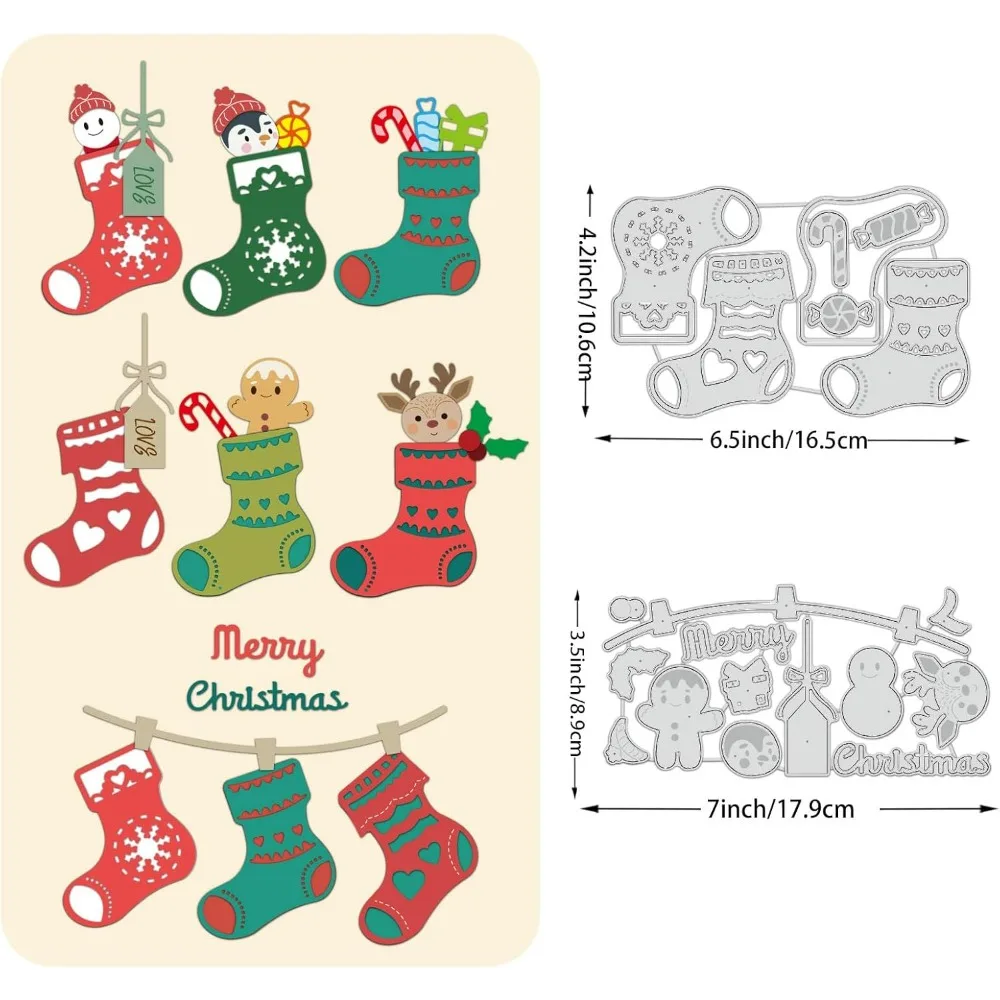 2Pcs Christmas Cutting Dies Stencils, Christmas Stockings, Snowman, Elk Gingerbread Man Carbon Steel Stencil for Card Making,