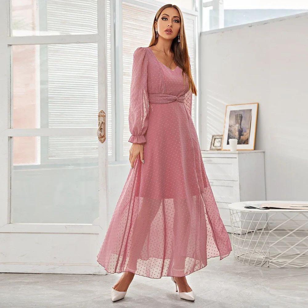 Women Long Party Dress Summer Mesh Sweet High Waist Pink Maxi Dress Original Quality Sweetheart Neckline Beach Holiday Dress