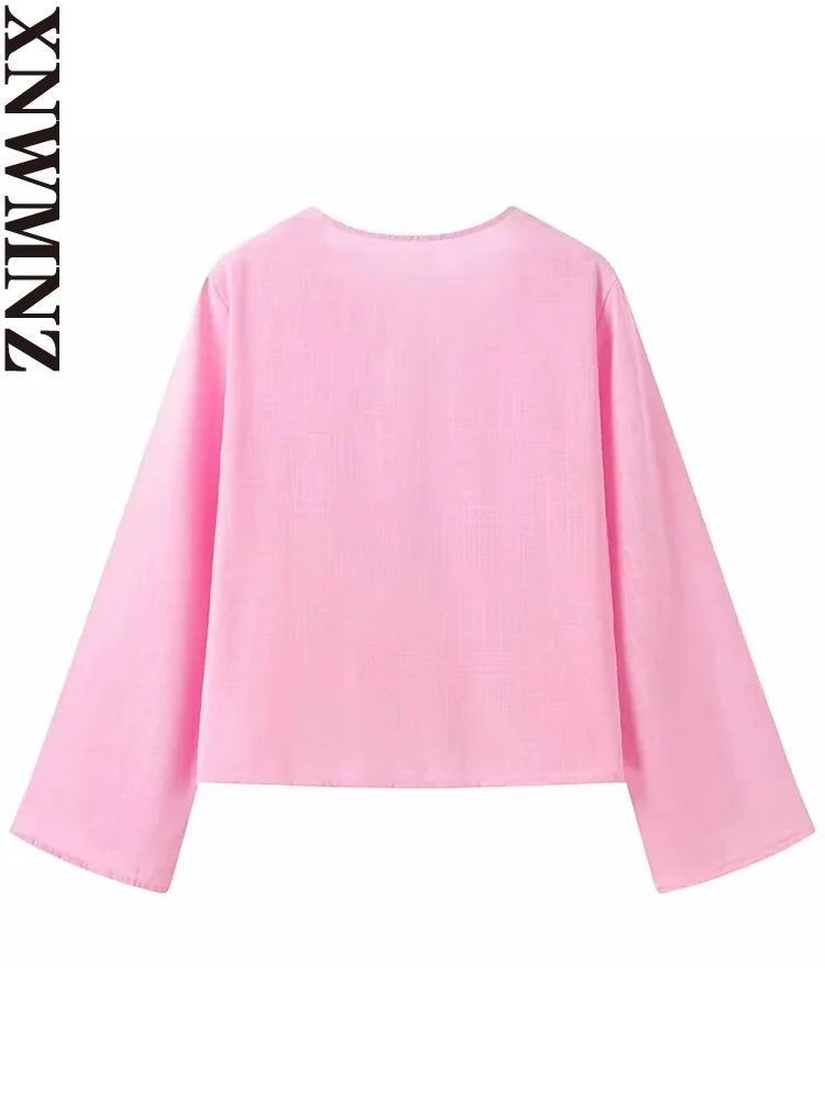 XNWMNZ 2024 Women\'s Fashion Tie Shirt Women High Street V-neck Long sleeved Casual Versatile Female Chic Top