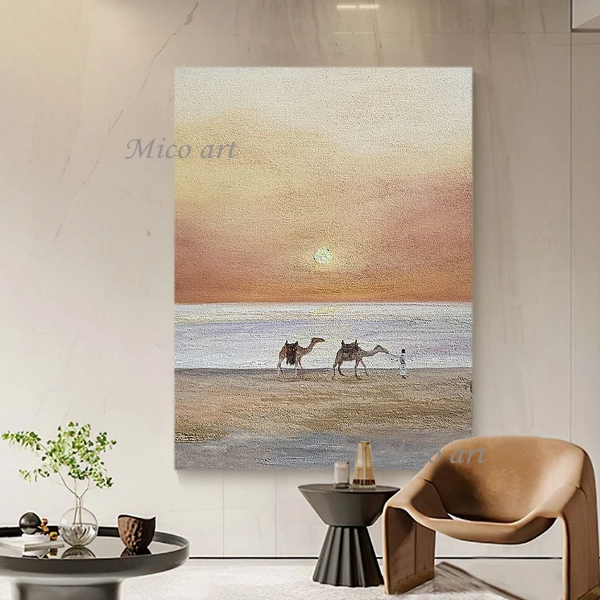 3d Camel Modern Paintings Hotel Artwork Acrylic Decoration Art Picture Unframed Handmade Abstract Sunset Oil Painting On Canvas