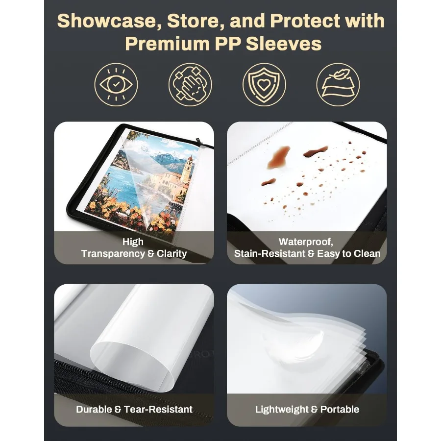 محفظة فنية مقاومة للحريق مقاس 11 × 14 مع 30 جيبًا و60 صفحة لعرض مقاومة للماء وأكمام بلاستيكية شفافة لطلاء الأعمال الفنية