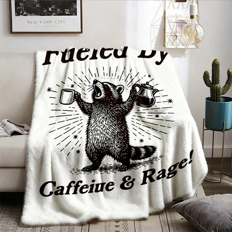 Fueled By Caffeine And Rage Flannel Blanket, Funny Raccoon Coffee Lover Flannel Throw, Feral Meme Cozy Blanket