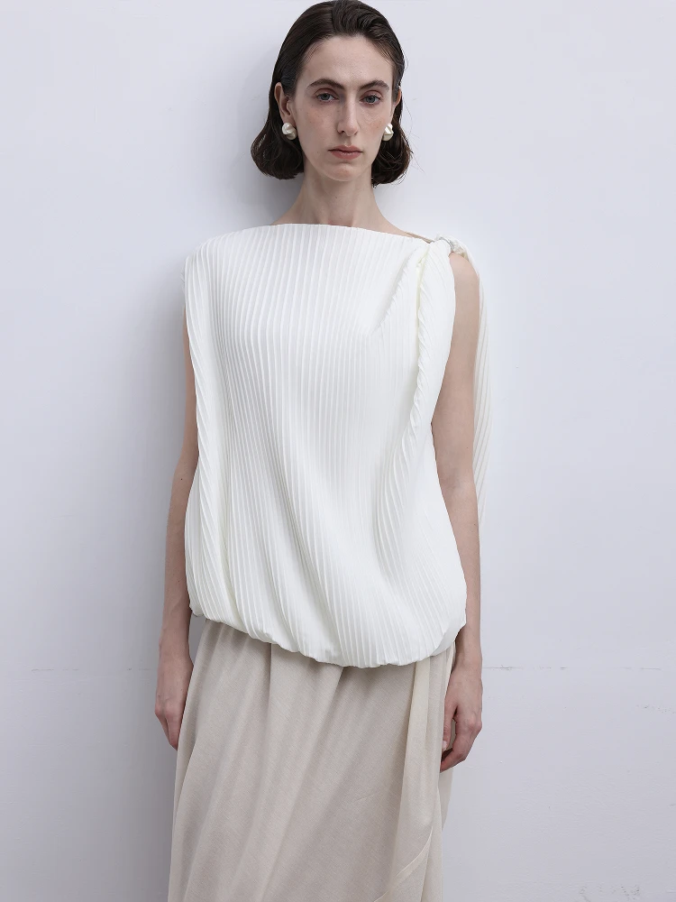 

Свободная плиссированная футболка с металлическим подолом Bule Bot, однотонная футболка с асимметричным шнурком для поездок на работу, полиэфирное волокно