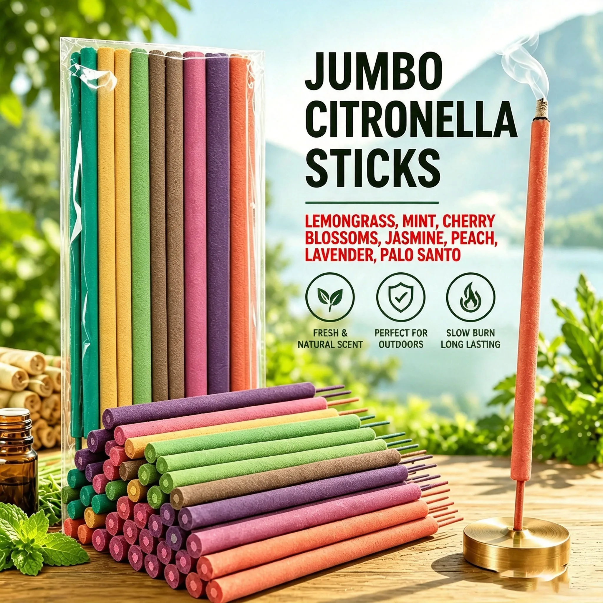 7/14/21/28 Garden Extra Large Incense Sticks, 27cm Extra Long and Thick Outdoor Incense, with Fresh Scents of Lemongrass, Peppermint, Cherry Blossom, Lavender, Jasmine, Palo Santo, Peach, Suitable for Patio Dining, Cam