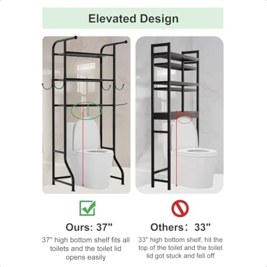 3-stufiges Aufbewahrungsregal über der Toilette, Badezimmer-Organizer und Aufbewahrung über der Toilette, Metall-Badezimmer-Platzsparer mit 2 Stangen, 1 Papierhalter