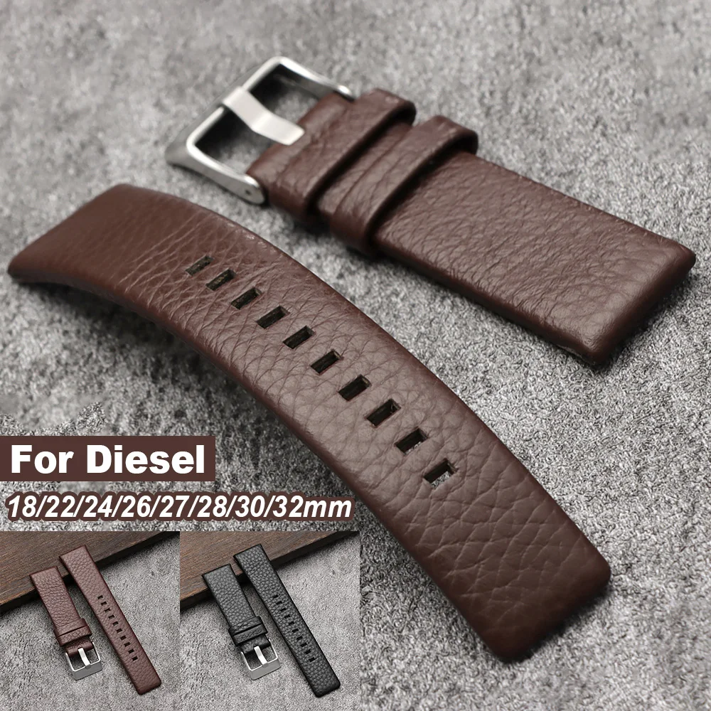 

18/22/24/26/27/28/30/32mm Lychee Pattern Cowhide Watch Band Soft Thin Leather Straps for Diesel Replacement Brown Black Bracelet
