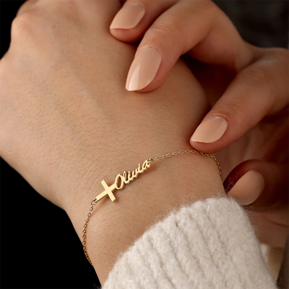 

Personalized Custom Minimalist Style Name Bracelet, Stainless Steel Waterproof Cross Faith Bracelet, Christmas Gift