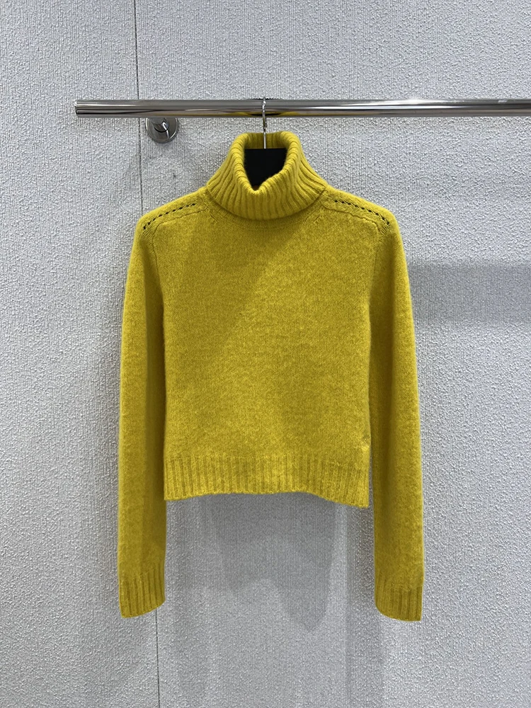 

SVORYXIU Autumn Fashion Lemon yellow Wool Knitting Women's Casual Style High lapel Long sleeves 100%Wool