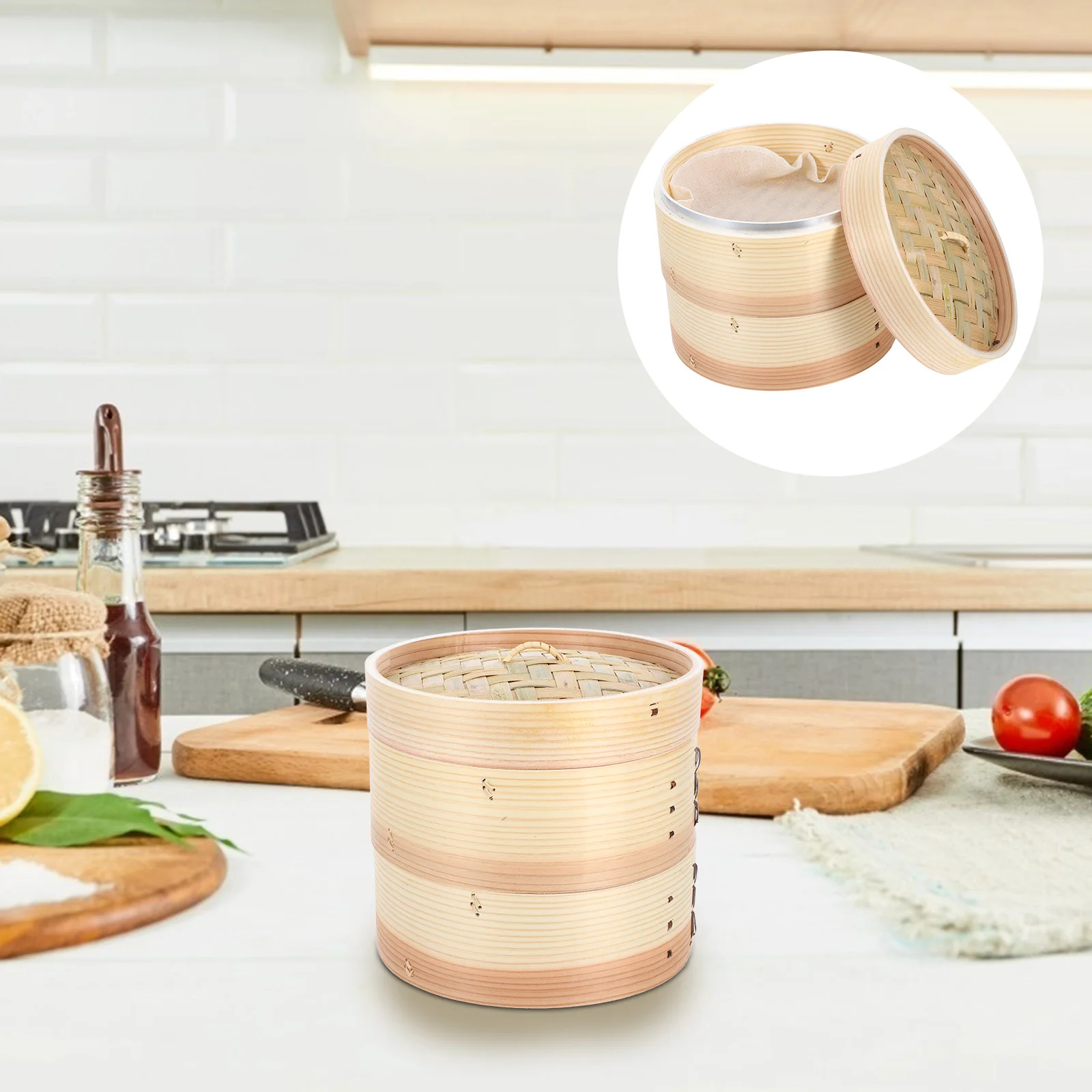 

2-Tier Bamboo Basket For Dumplings Bao Buns Vegetable Steaming Lid Multilayer Food Steam Pot Soup Household Steaming Drawer Fish