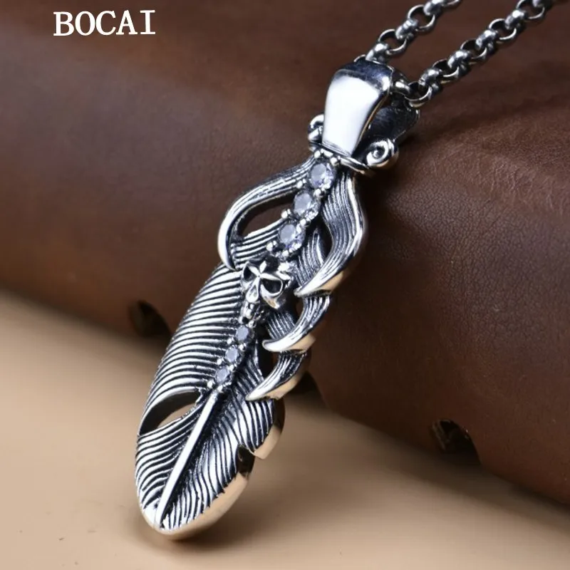 

BOCAI NEW S925 Sterling Silver Retro Punk Skull Feather Men's Pendant Free Shipping