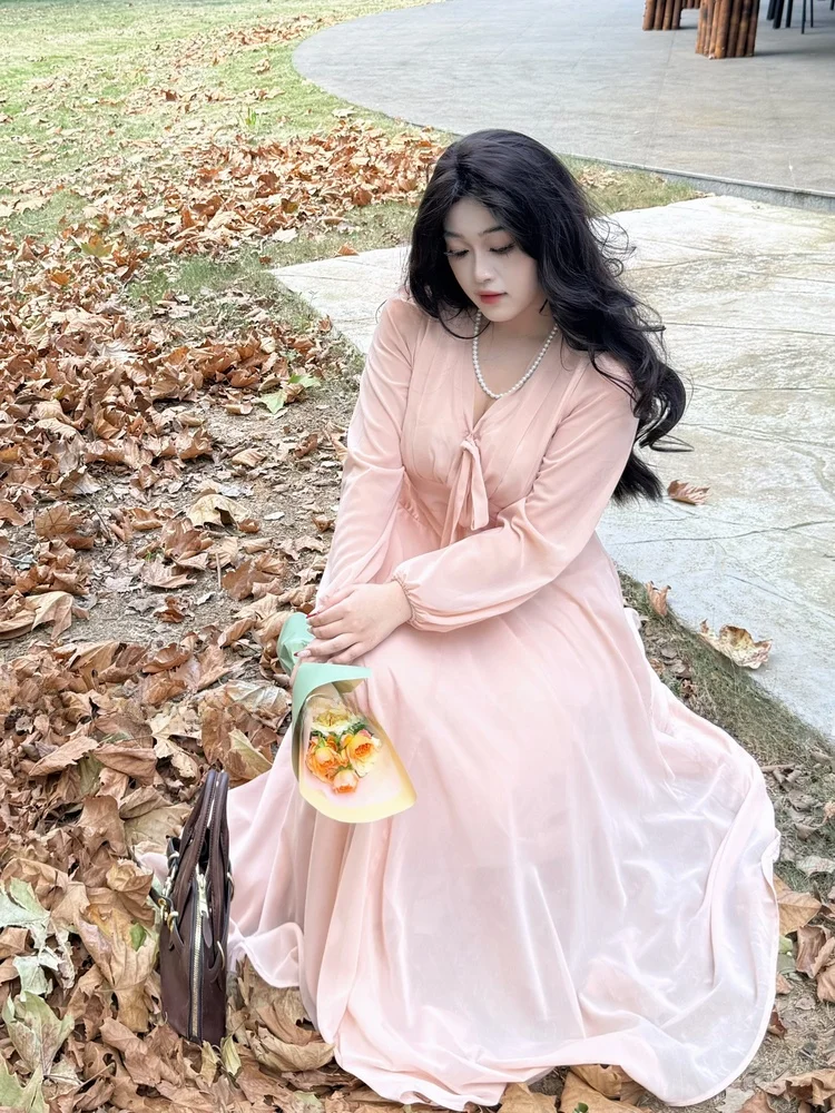 

Нежно-розовое корейское платье макси Dr Studio Da Tou в винтажном стиле с длинными рукавами для женщин, больших размеров, для похудения