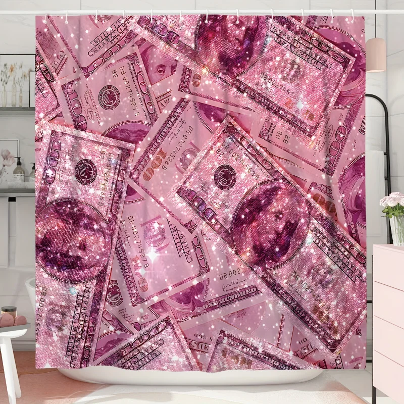 Sparkle pink Euro art shower curtain with glitter money print-180.34X180.34 cm water-resistant polyester bathroom decor with 12