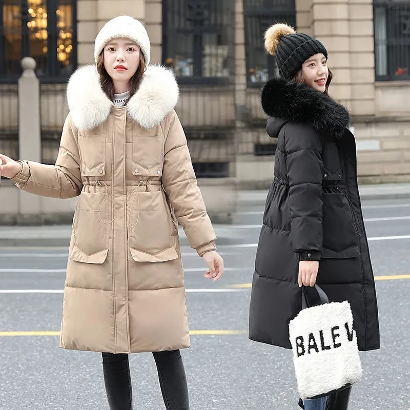 2023 New Women's Down Cotton Jacket Winter Parkas Coat Hooded Big Fur Collar Thick Long Outerwear Fashion Cotton Padded Coat