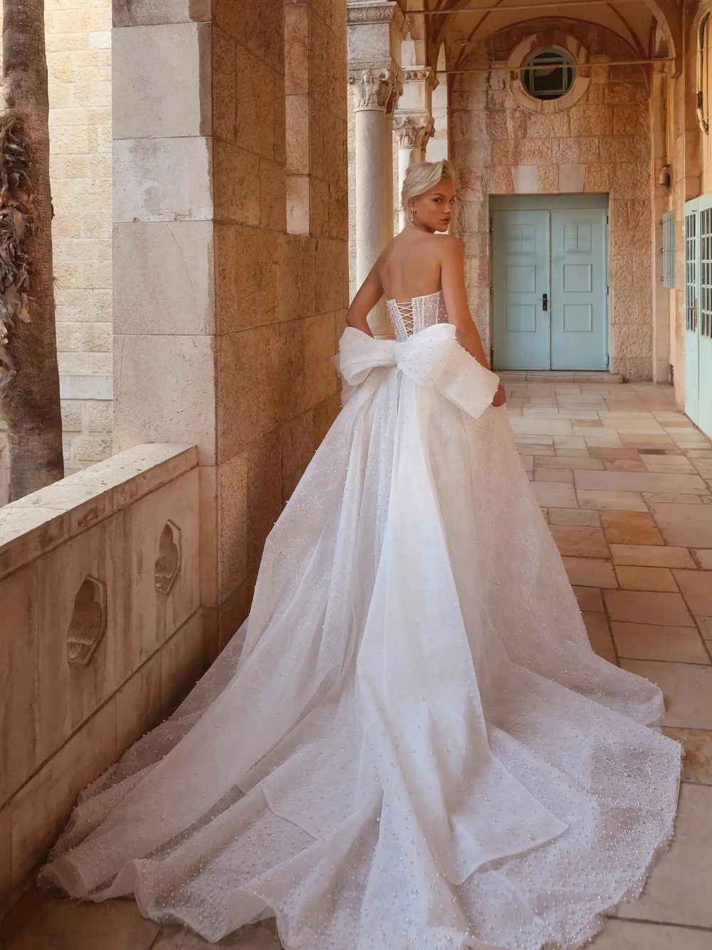 Romantic Pearls Lace Wedding Dress, Bow Back, Elegant A Line Customized Bridal Gown, High-end Princess Corset Bride Wear
