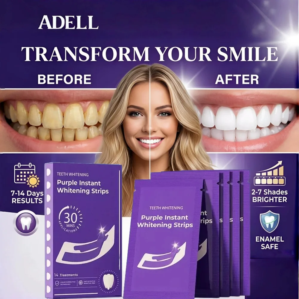 

14 пар фиолетовых полосок для мгновенного отбеливания зубов, отбеливающие полоски V34 с коррекцией цвета, быстрое и эффективное осветление зубов за 30 минут