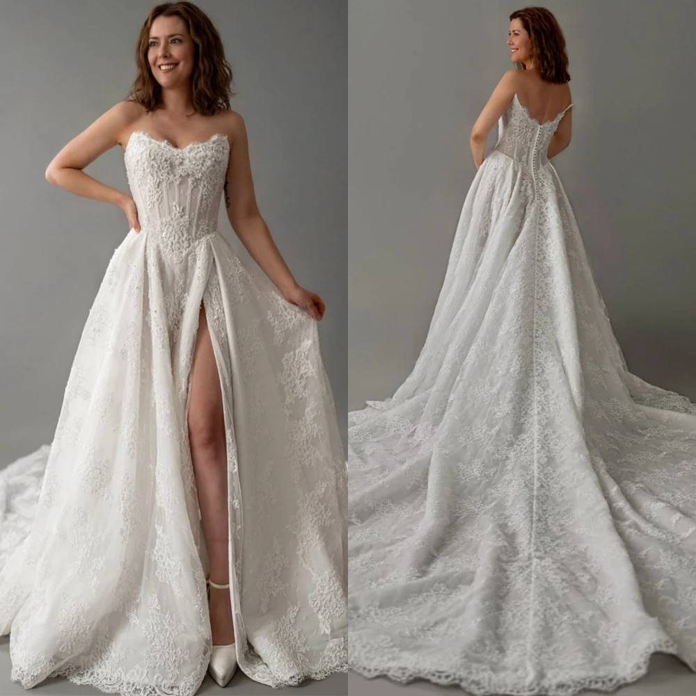 

Customized Pure White Lace Bridal Gowns Elegant Sweetheart Sleeveless Wedding Dresses Formal A-Line Chapel Train Robe de mariée