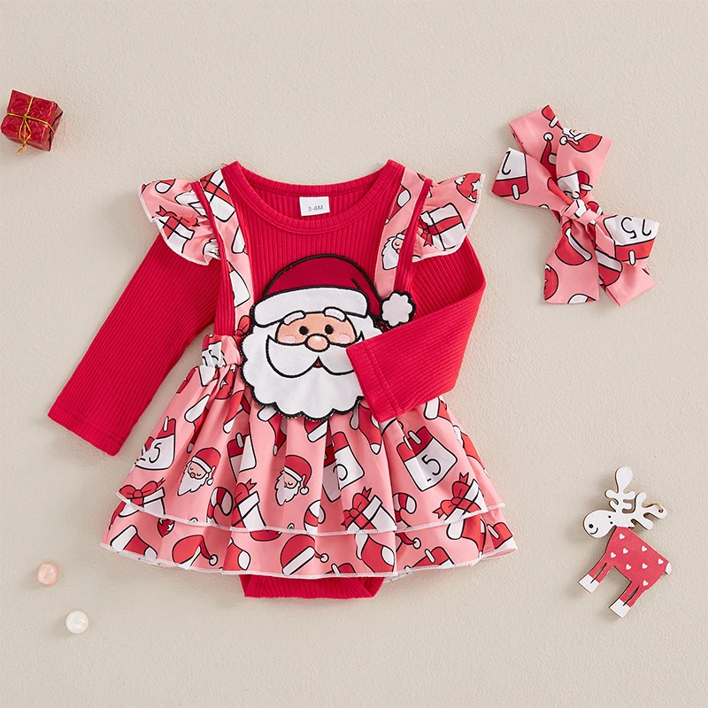 Baby Girls 2Pcs Christmas Outfits Long Sleeve Santa/Gingerbread Romper Dress + Headband Set Newborn Clothes