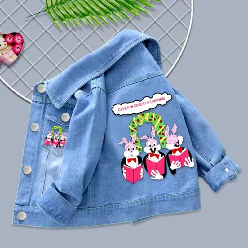 Autumn and Winter New Boys and Girls 100% Cotton Rabbit Cat Dog Cartoon Print Fashion Polo Collar Long sleeved Denim Coat