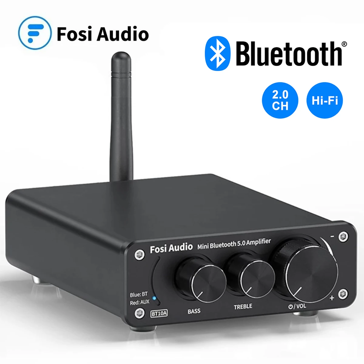 Fosi Audio BT10A Mini Bluetooth Amplifier 2 Channel Amp for Home Speakers Treble & Bass HiFi Stereo Sound Amplifier 50W*2