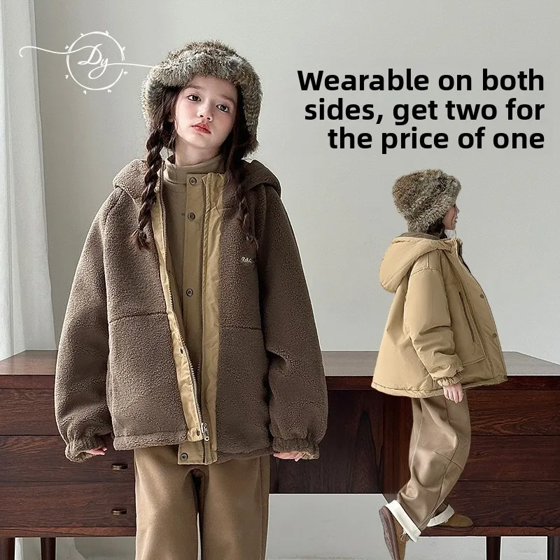 

Girls' Korean Version Double-sided Polar Fleece Jacket 2025 Children's Winter New Thick Girls' Cotton Clothing Trend