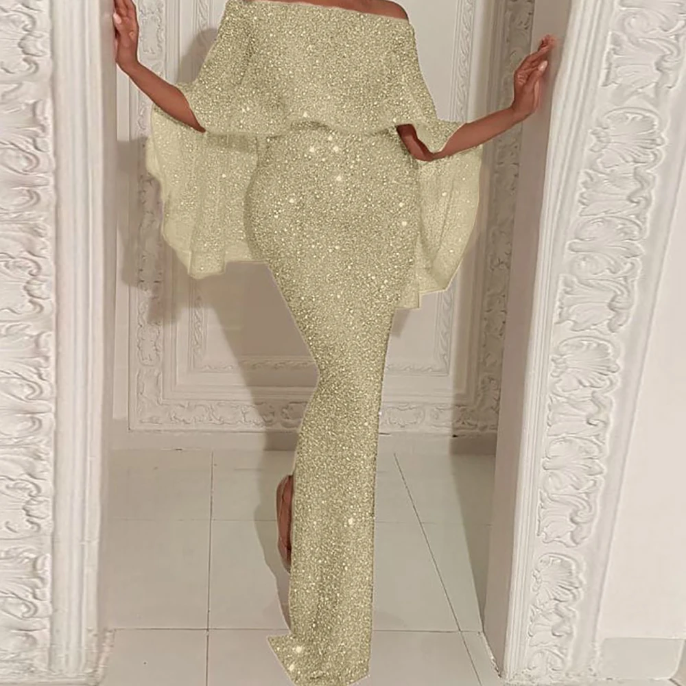 Elegancka damska sukienka wieczorowa z cekinami, luksusowa sukienka na jedno ramię z krótkim rękawem, rozcięcie, wysoki stan, damska sukienka maxi na przyjęcie, wesele.