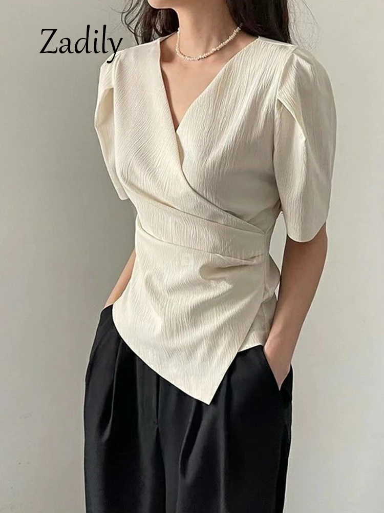 Zadily 2024 Summer Office Lady Short Sleeve Women Asymmetrical Blouse Shirt Slim Solid Color Woman Tops Work Female Clothing