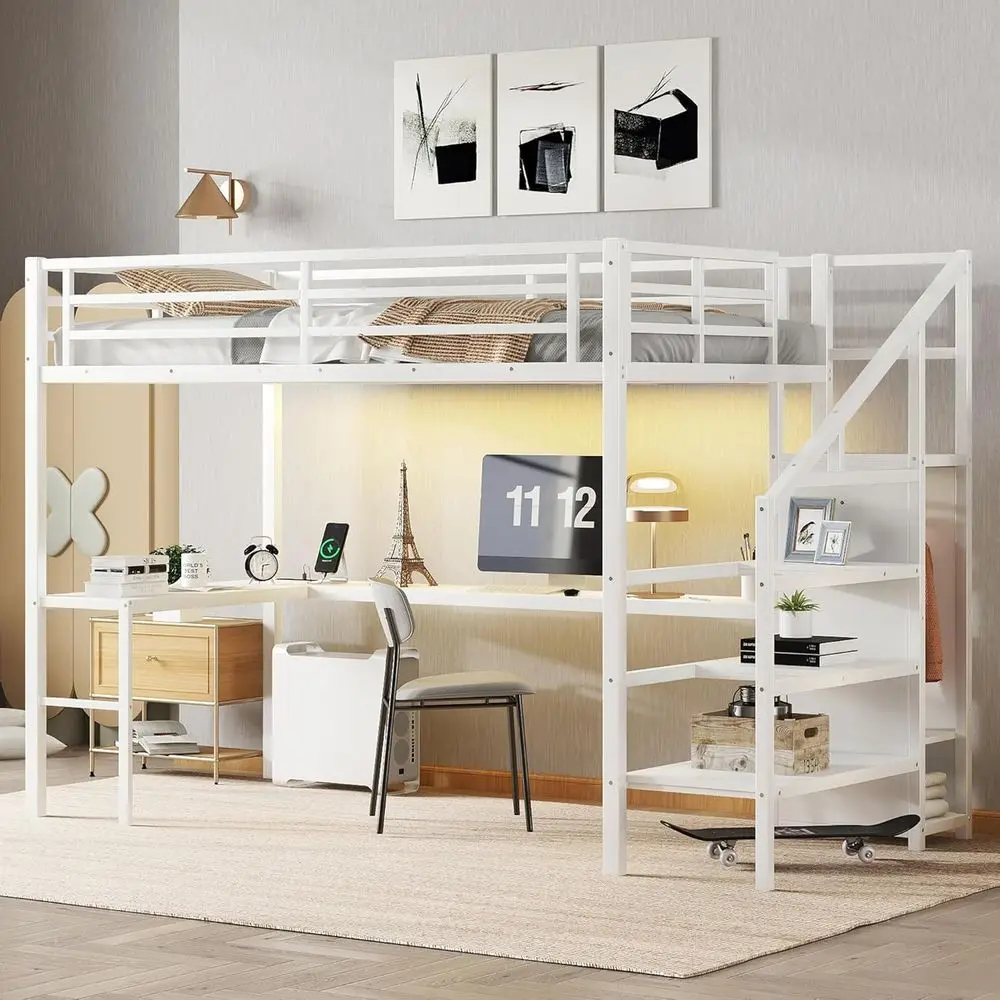 

Twin XL Metal Loft Bed with Desk, LED & USB, Storage Stairs, Open Wardrobe, Kids/Teens, White
