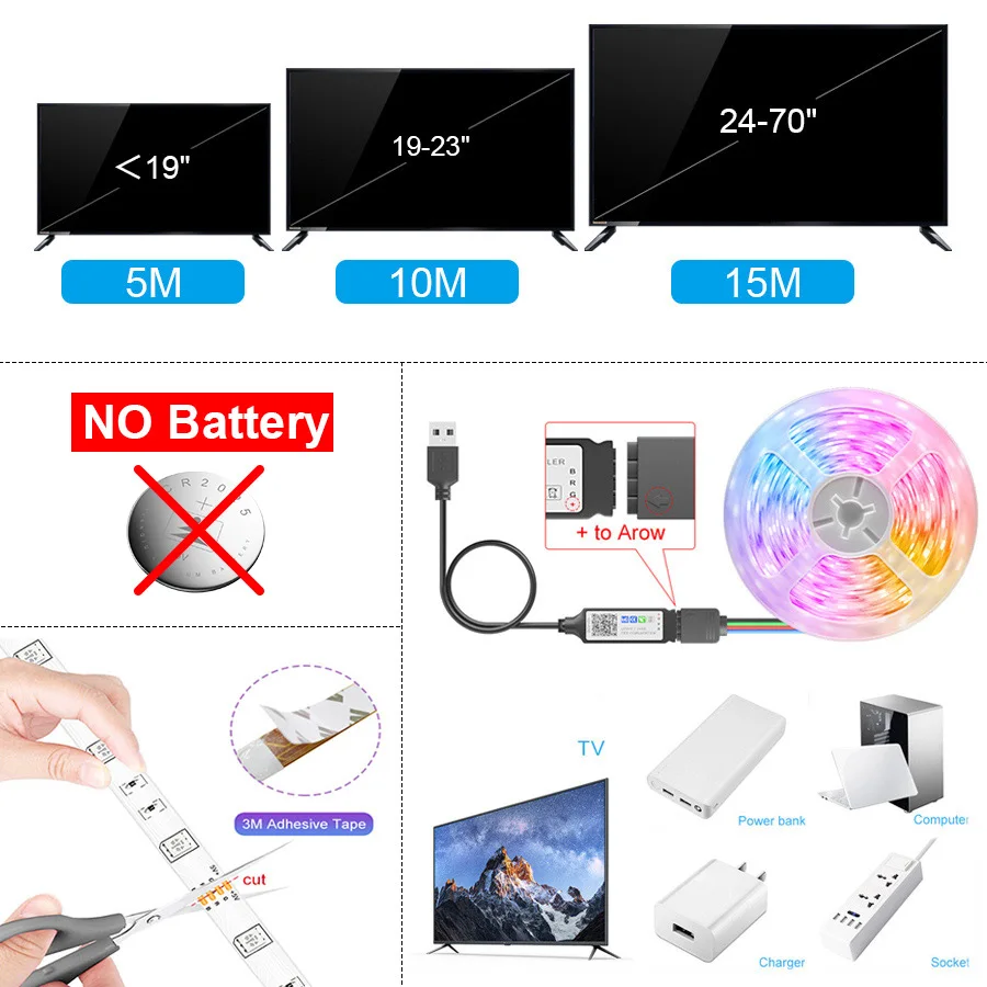 USB LED Strip Light com Bluetooth, luzes RGB flexíveis, lâmpada de TV, tela desktop, luz de fundo, fita de diodo, 5050, 5V, 1m-30m