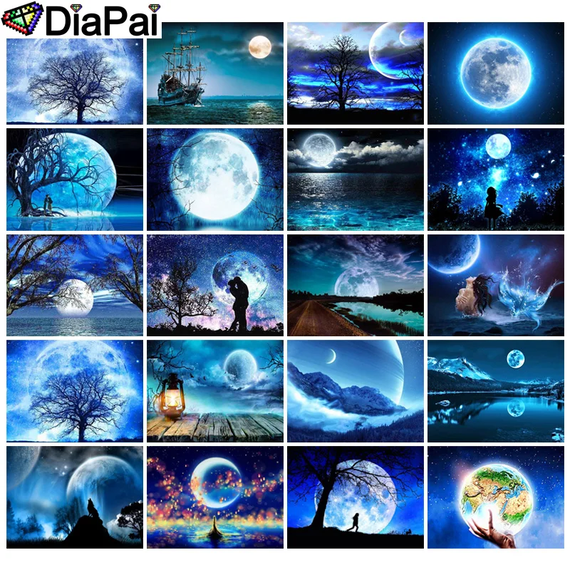 

DIAPAI Diamond Painting Cross Stitch Pattern 5D Diamond Embroidery "Scenery Moon Tree Earth" Home Decor DIY diamond Art