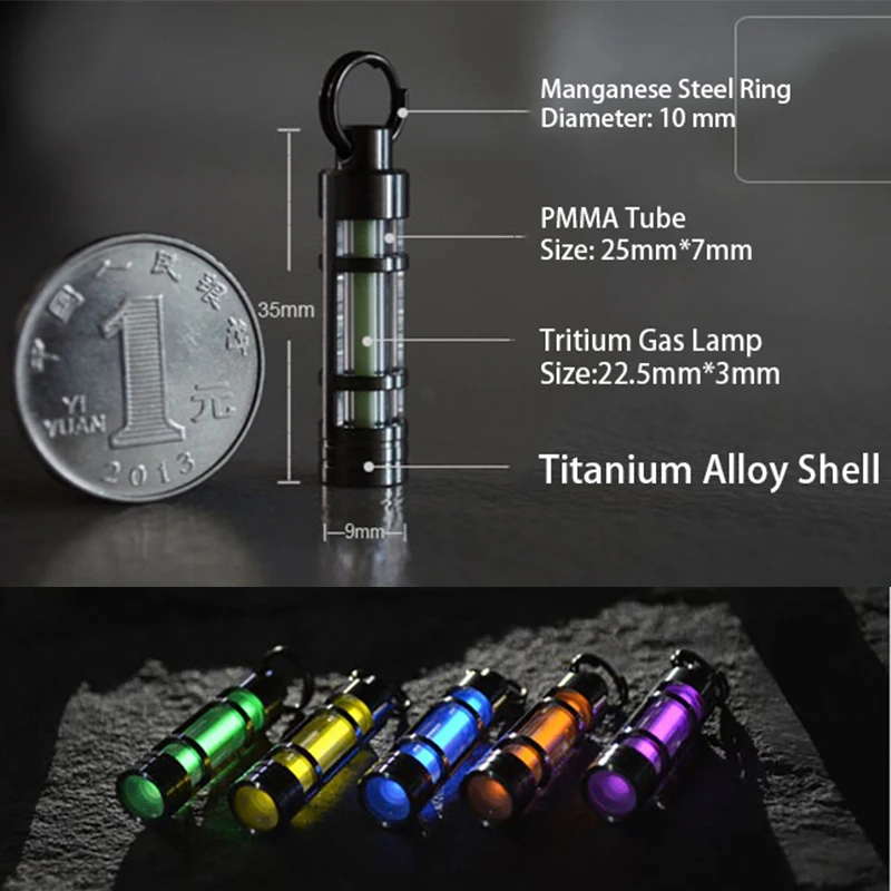 Alloy Titanium Keychain Tritium Gas Lamp Automatic Lights Titanium Key Ring Life Saving Emergency Lights For Camp Climb Fishing