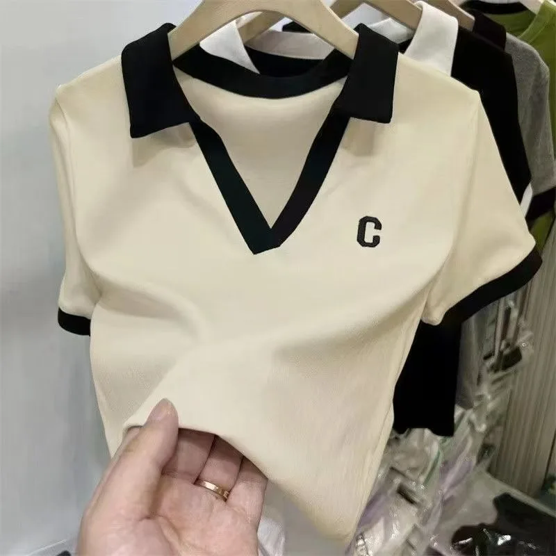 Commuter Versatile Lapel Embroidered V-neck Ulzzang Short-sleeved T-shirt Women's 2024 Summer New Simple Slim-fit Top