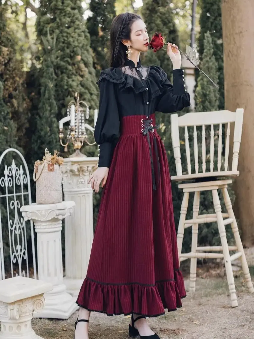 Dress Two Piece Sets Vintage Gothic Women Black Lace Ruffle Blouse + Lace-Up Midi Skirt 2024 Winter Court Retro Casual Suits Y2k