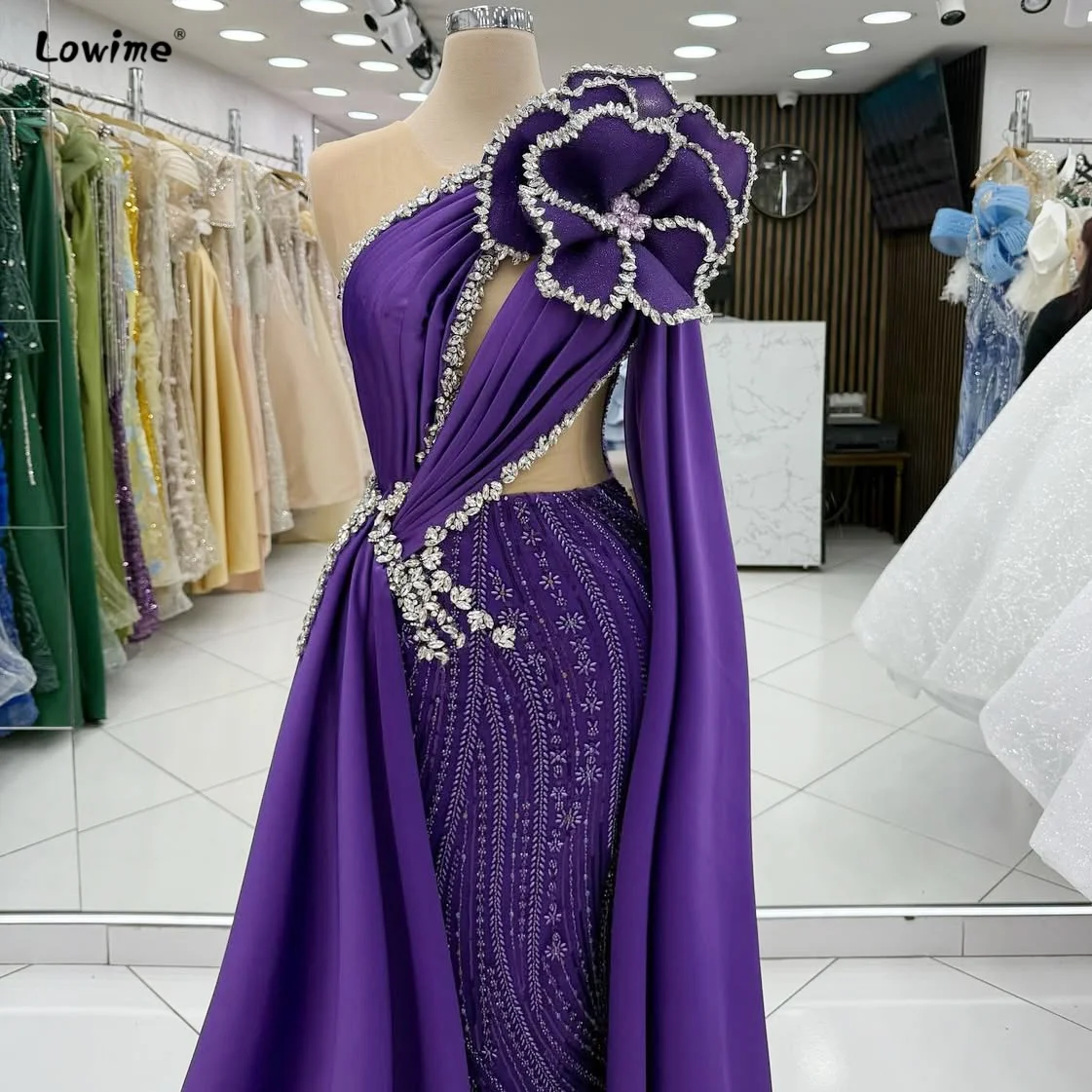 2025 الأرجواني الأزهار ثوب مسائي خارج على الكتف كريستال حورية البحر فستان قطار كوكتيل فستان حفلة موسيقية فستان للتخصيص #3