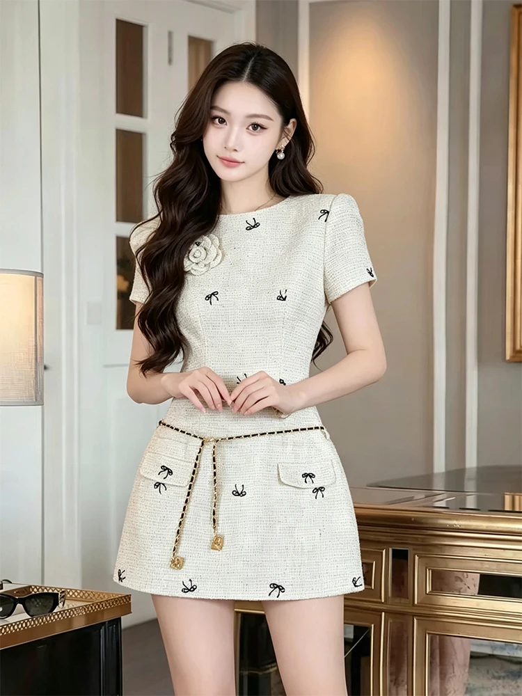 

Elegant Embroidered Floral Dress Women's A-Line Skirt Slimming Waist Belt French Style Polyester Fiber Short Sleeve Zipper