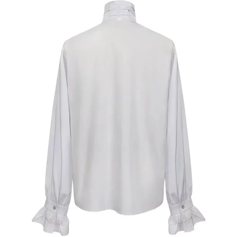 Men's Gothic Cotton & Lace Shirt - Ruffled Stand Collar Top for Pirate Cosplay, Halloween & Medieval Costume Events