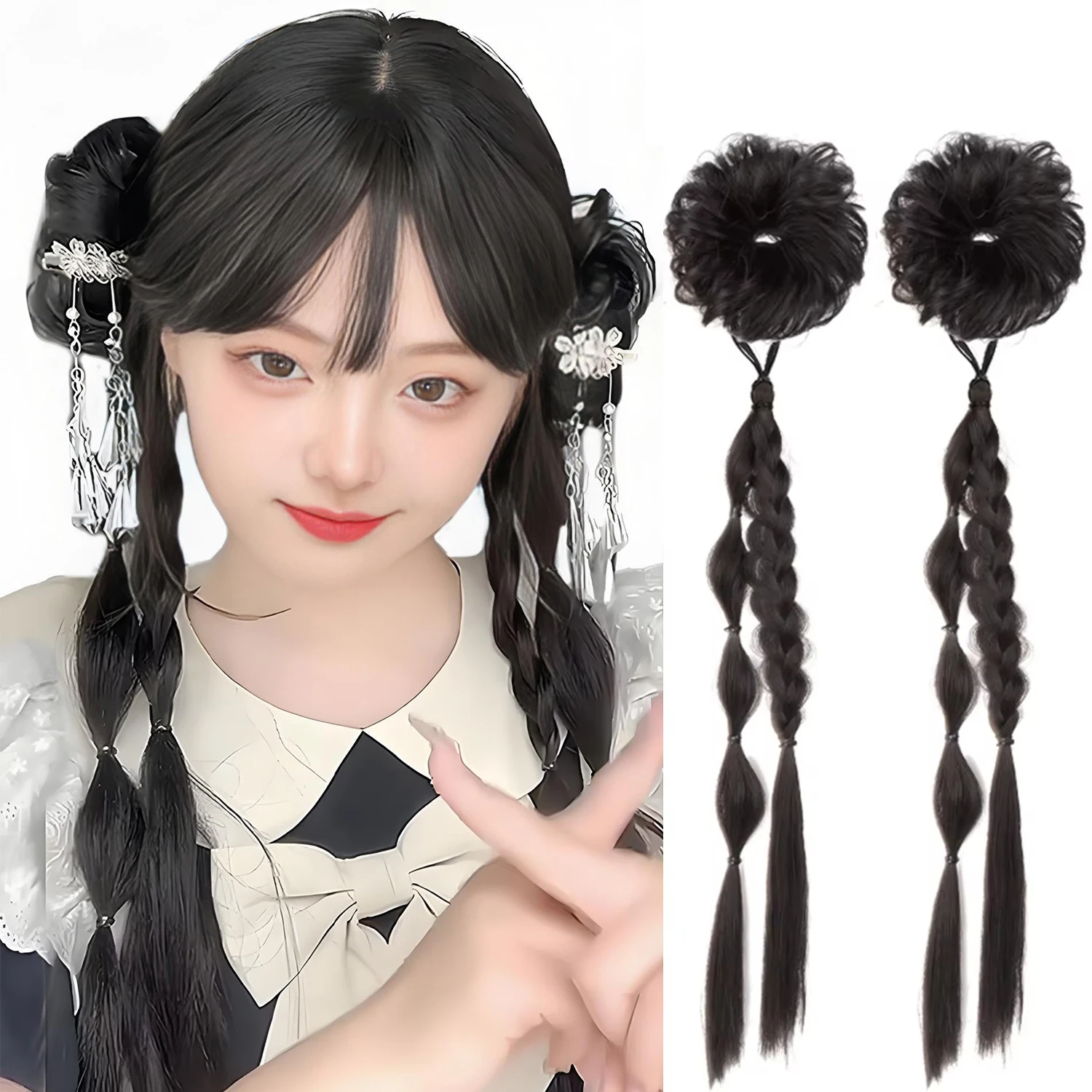 Allaosify Synthetic Ponytail Wig For Women New Chinese Braided Braids Can Be Tied Into Ancient Style Hanfu Double Ponytail Wig