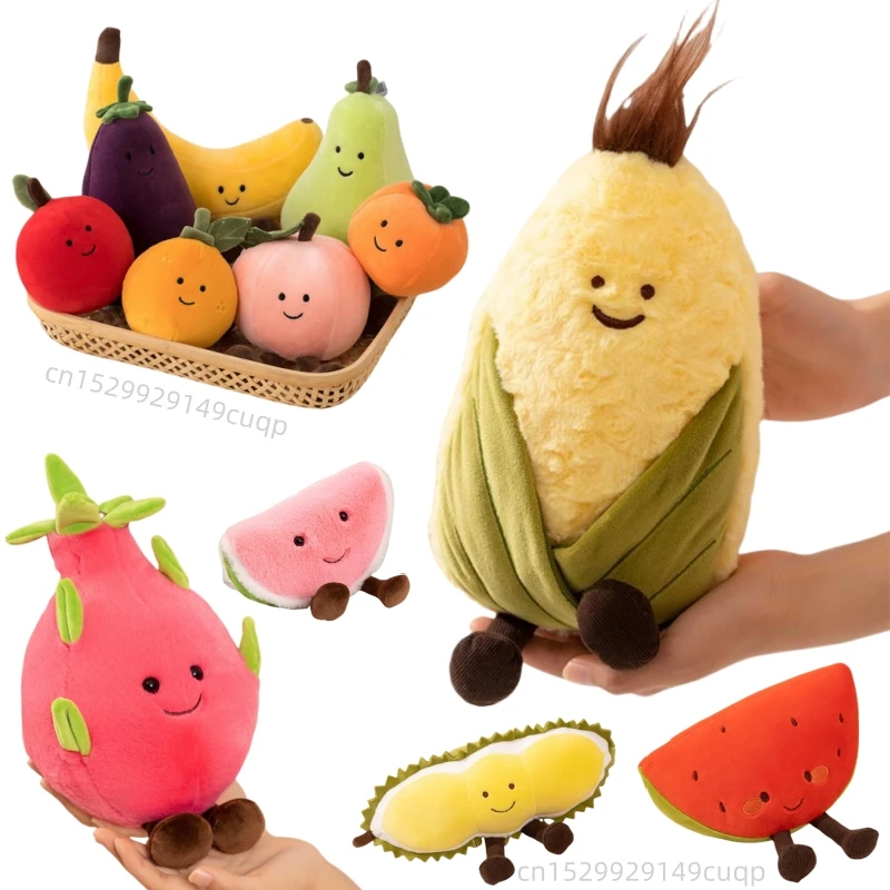 Kawaii Cartoon Fruit Series Plush Doll Cute Vegetable Corn Eggplant Pitaya Peach Pear Banana Watermelon Plush Toy Home Decor