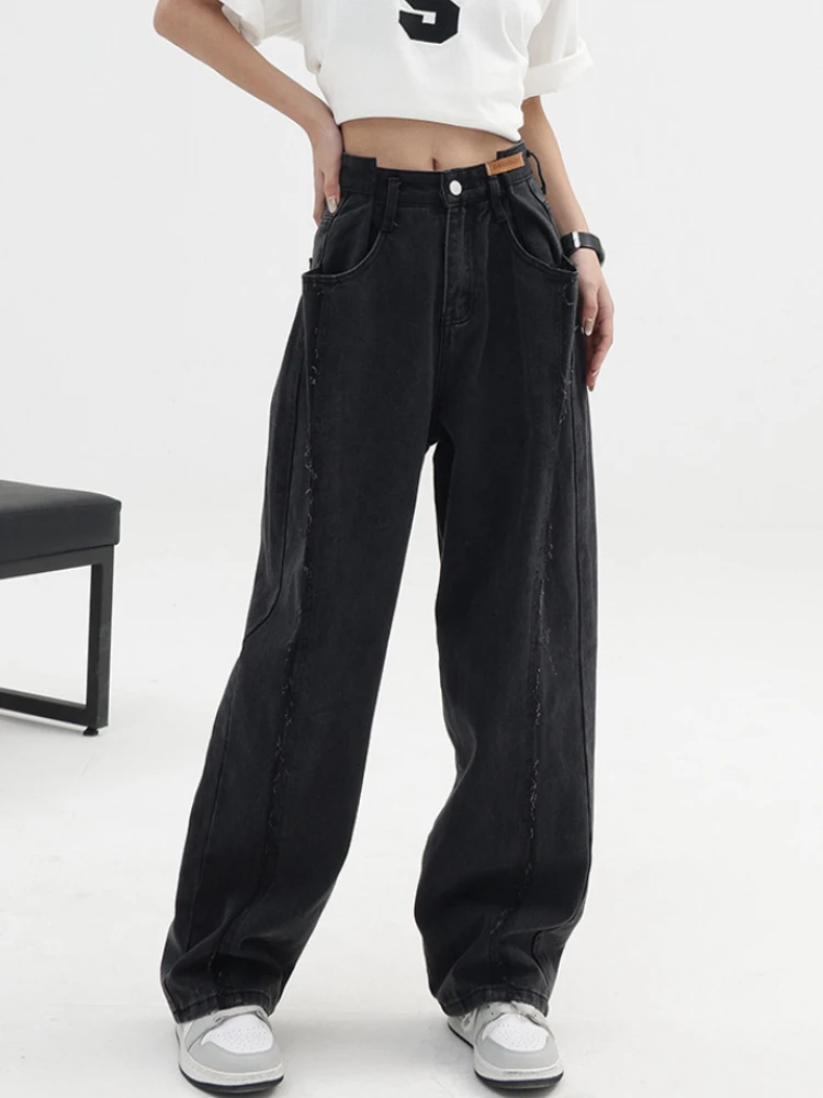 QWEEK Baggy Vintage Jeans Women Y2k High Waist Harajuku Black Trousers Streetwear Straight Casual Loose Denim Wide Leg Pants