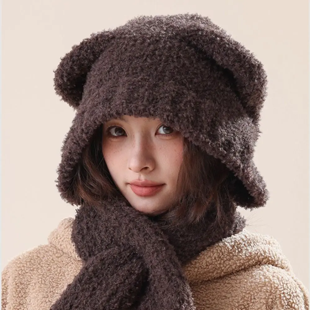 Fashion Warm Bear Ear Hat Cap Velvet Cute Beanies Earmuff Ear Protection Hat Scarf Integrated Winter