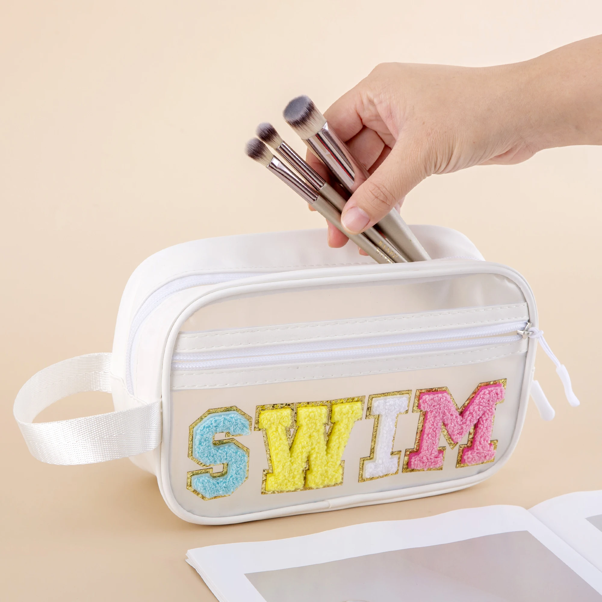 Women Cute Transparent Preppy Chenille Letter Clear PVC SWIM Makeup Bag MEDS Medicine Pouch with Strap Handle Cosmetic Pouch