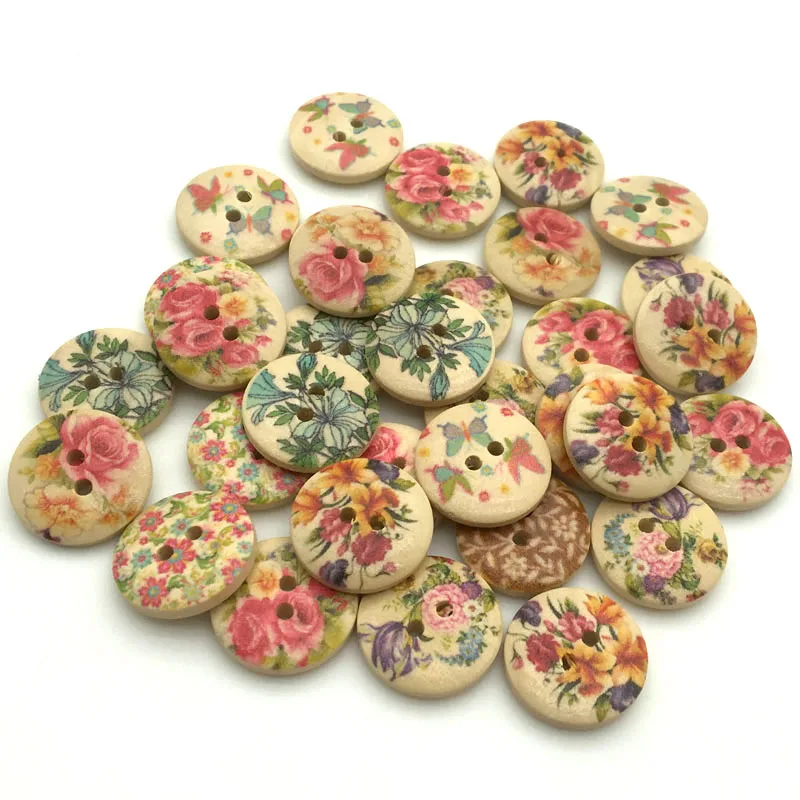 50PCS/Lot 18mm Mixed Flowers Pattern 2-holes Round Wooden Buttons For Sewing Clothing Scrapbooking Crafts Home Decor  QTG063