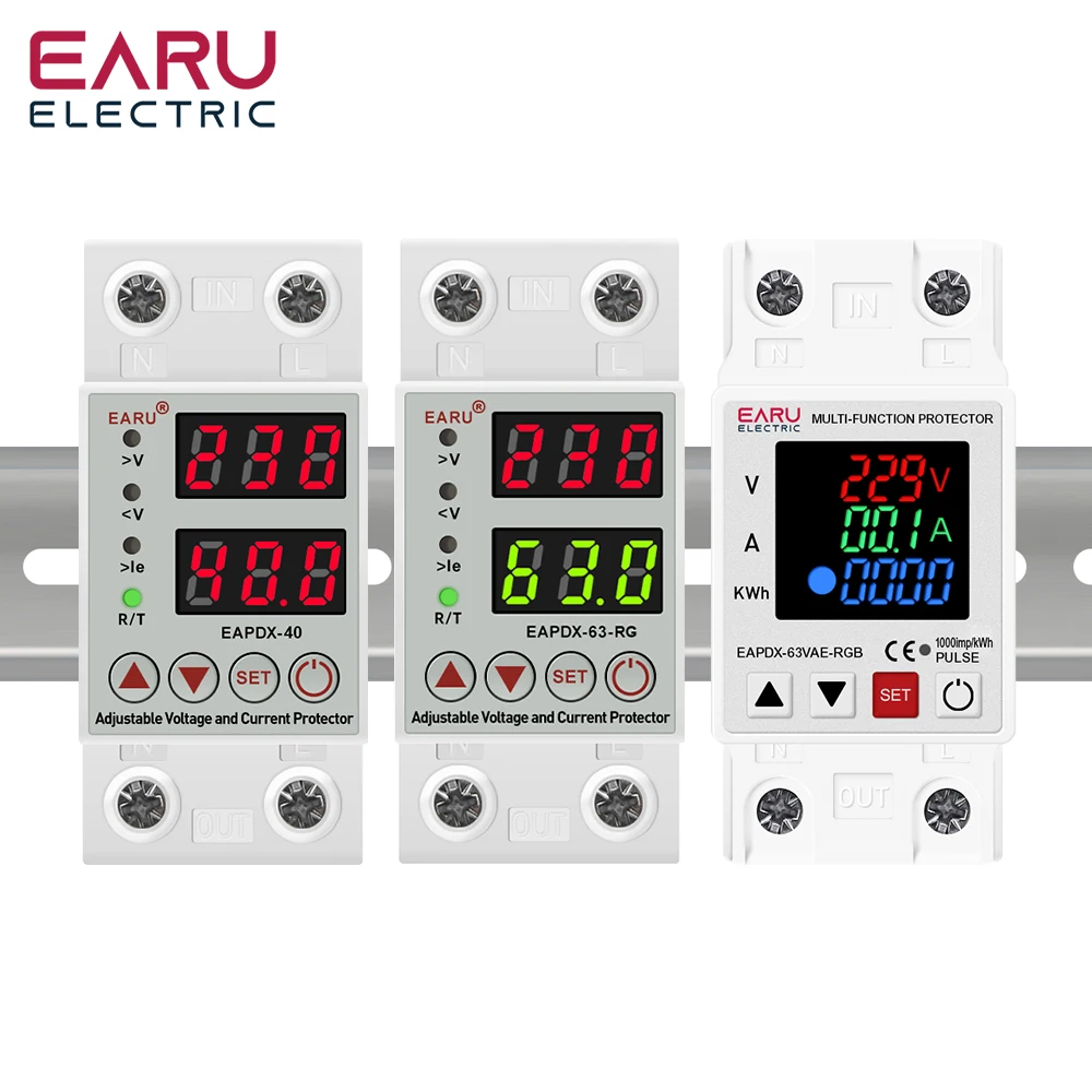 EARU DIN-Schienen-Dual-Display 40A 63A AC 230V Einstellbares Über- und Unterspannungsrelais Schutzgerät mit Überstromschutz – Detail 11